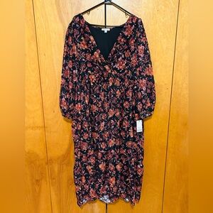 Ophelia Roe Floral kaleidoscope V-Neck Midi Dress Black with Pink & Rust Floral